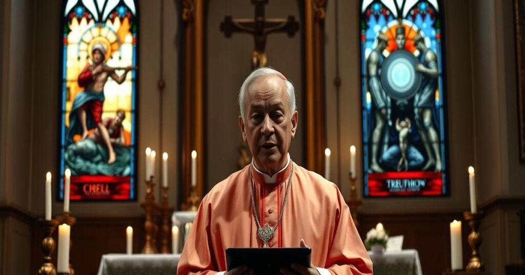 Obraz przedstawiający 'kardynała' Pablo Virgilio Davida mówiącego w tradycyjnym kościele katolickim z symbolami religijnymi i scenami wojny