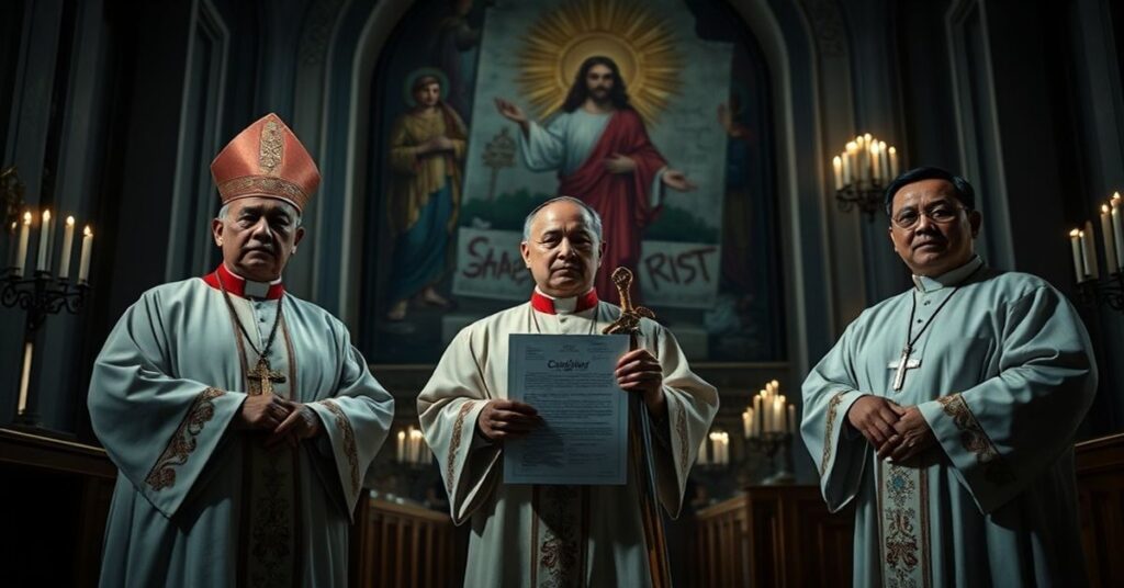 Wewnątrz katedry przedstawiono filipińskich "biskupów" Ayubana Jr., Davida i Advinculę trzymających konstytucję, z zamaskowanym obrazem Chrystusa-Króla w tle.