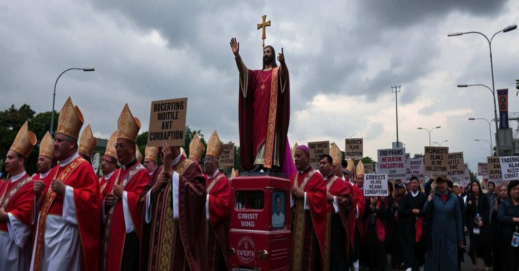 Procesja katolicka w Manili z biskupami w tradycyjnych szatach liturgicznych prowadzona przez figurę Chrystusa Króla. Na tle protesty antykorupcyjne. Scena podkreśla konflikt między misją Kościoła a świeckim aktywizmem politycznym.
