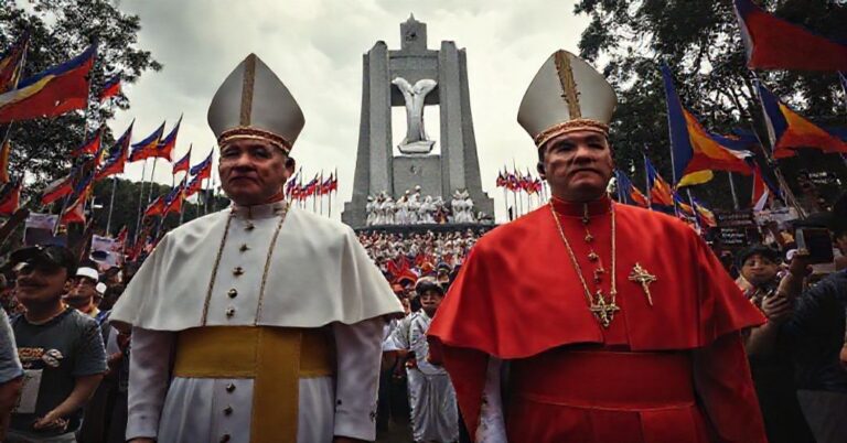 Krytyczna scena protestów na Filipinach z udziałem fałszywych biskupów w 2025 roku.