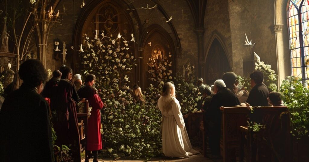 Scena z filmu "Hamnet" pokazująca Agnes Szekspir w otoczeniu pogańskich symboli i starożytnych artefaktów.