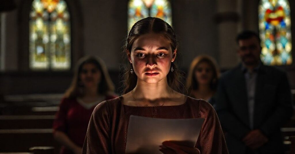 Młoda kobieta w tradycyjnym hábitu stoi w ciemnej kościele, oświetlona światłem przez witraże. Rodzina obserwuje z cienia, wyrażając zmartwienie.