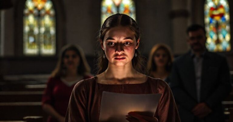 Młoda kobieta w tradycyjnym hábitu stoi w ciemnej kościele, oświetlona światłem przez witraże. Rodzina obserwuje z cienia, wyrażając zmartwienie.