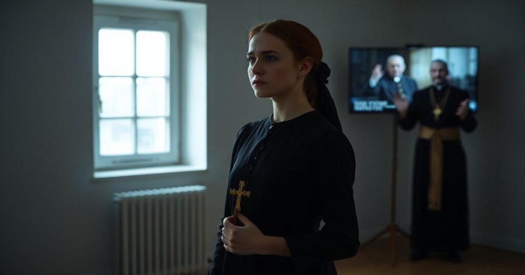 Młoda kobieta w tradycyjnym stroju katolickim stoi smutno w pustej izbie z minimalną symboliką religijną.