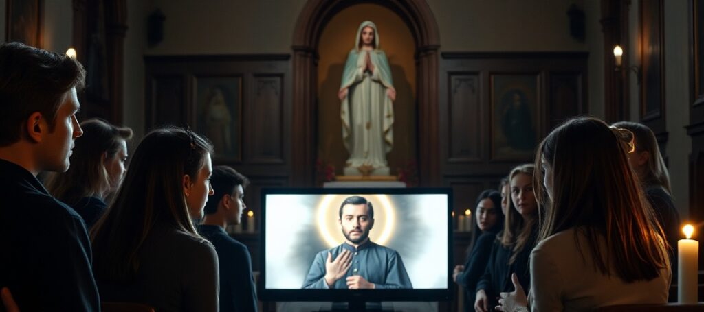 Scena w tradycyjnym kościele katolickim z grupą młodych ludzi oglądających film o fałszywym świętym Janie Pawle II