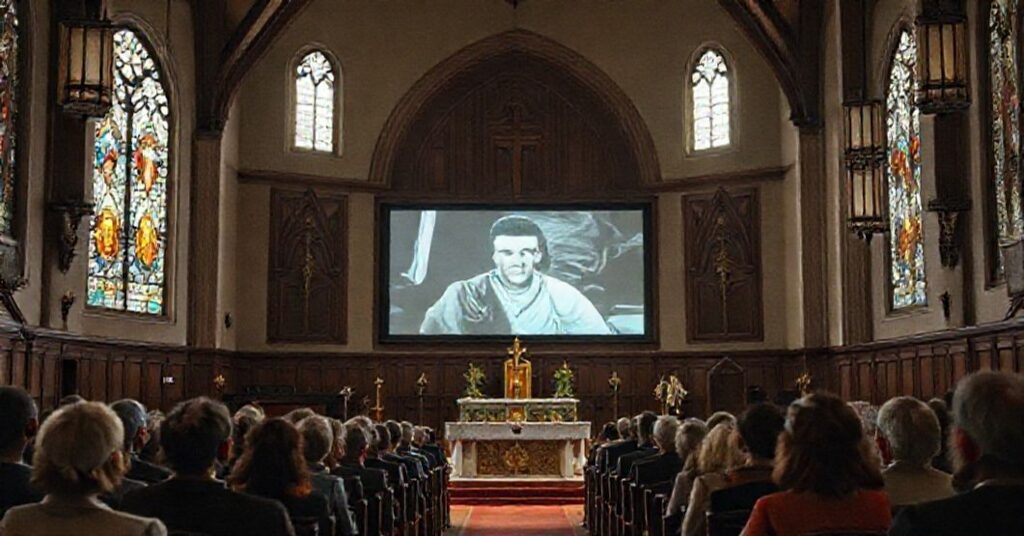 Wnętrze tradycyjnego kościoła katolickiego z grupą wiernych patrzącej na film o Robercie Prevostcie. Scena symbolizuje konflikt między modernistyczną propagandą a prawdziwą wiarą katolicką.