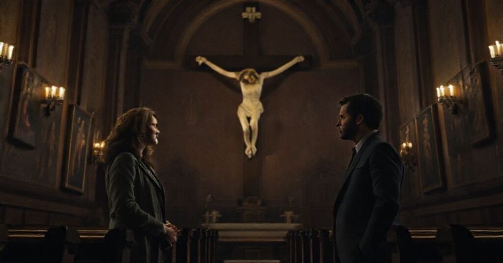 Scena w kaplicy Uniwersytetu Yale z profesorem Almą (Julia Roberts) i doktorantką Maggie (Ayo Edebiri), ilustrująca konflikt między relatywizmem a katolicką etyką w filmie "Po polowaniu".