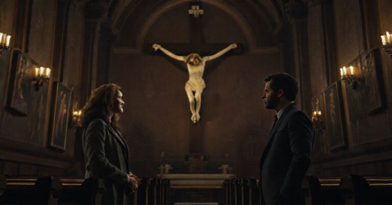 Scena w kaplicy Uniwersytetu Yale z profesorem Almą (Julia Roberts) i doktorantką Maggie (Ayo Edebiri), ilustrująca konflikt między relatywizmem a katolicką etyką w filmie "Po polowaniu".