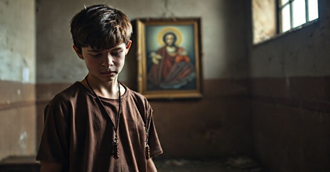 Młody człowiek w ośrodku resocjalizacyjnym trzymając różaniec, na tle zdjęcia Chrystusa Króla