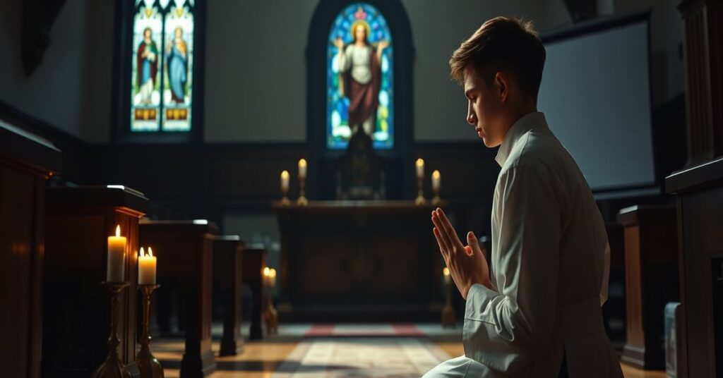 Tradycyjny katolicki wnętrze kościoła z młodym mężczyzną modlącym się przed ołtarzem, pokazującym wewnętrzną walkę z instytucjonalnymi barierami w drodze do kapłaństwa.