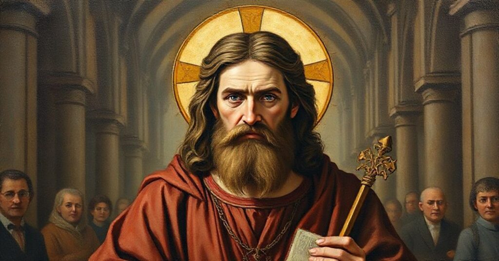 Portret filozofa Dariusza Karłowicza przed pustym ołtarzem z nowym porządkiem w tradycyjnym kościele katolickim.