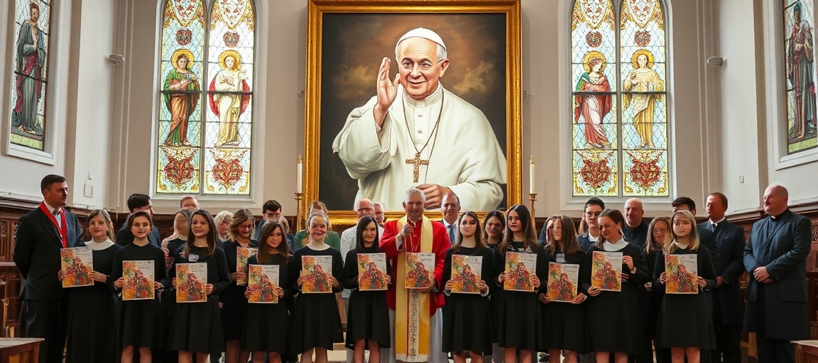 Grupa uczestników diecezjalnego konkursu o św. Franciszka z Asyżu w Zielonej Górze stoi przed wizerunkiem świętego w kościele z biskupem i kapłanami.