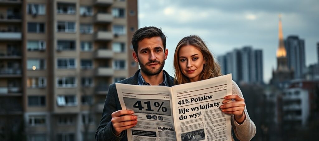 Młoda para polska stoi przed budynkiem mieszkalnym z wyrazem zmartwienia na twarzach, symbolizując finansową niewolę i duchową pustkę młodych Polaków.