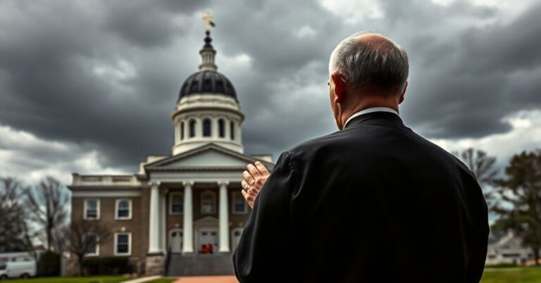 Ksiądz w tradycyjnych szatach modlitwy przed kościołem z widokiem na budynek legislacyjny Connecticut.