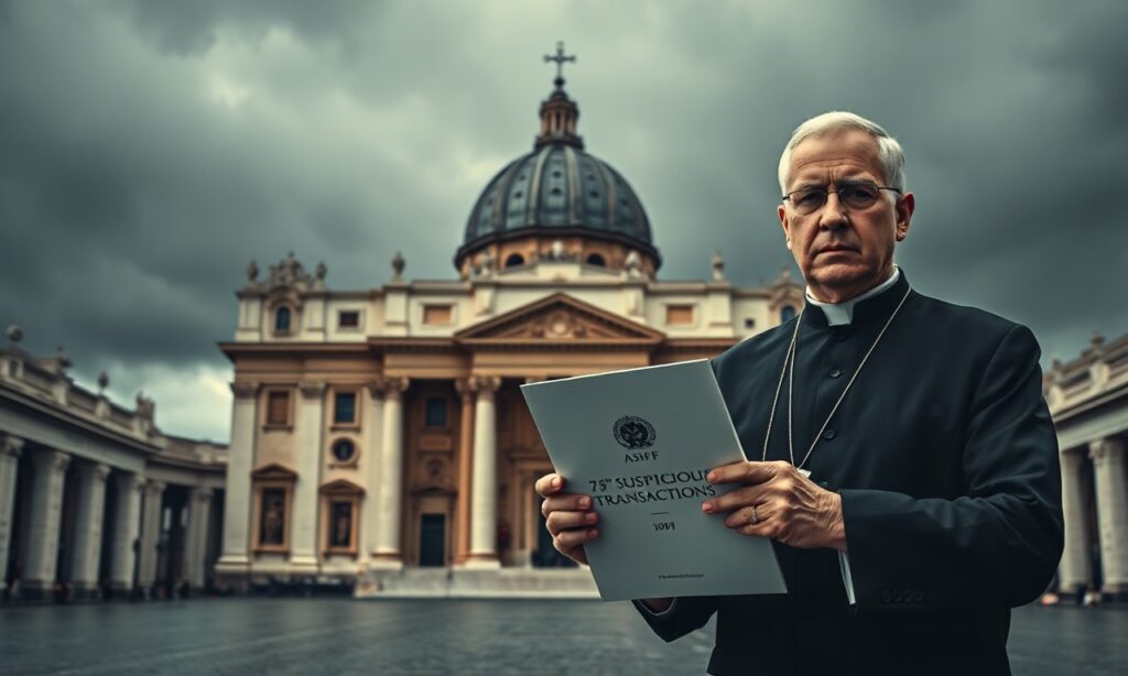 Zdjęcie przedstawiające pusty kościół św. Piotra z ciemną chmurą nad nim oraz smutnego księdza w tradycyjnych szatach z raportem ASIF