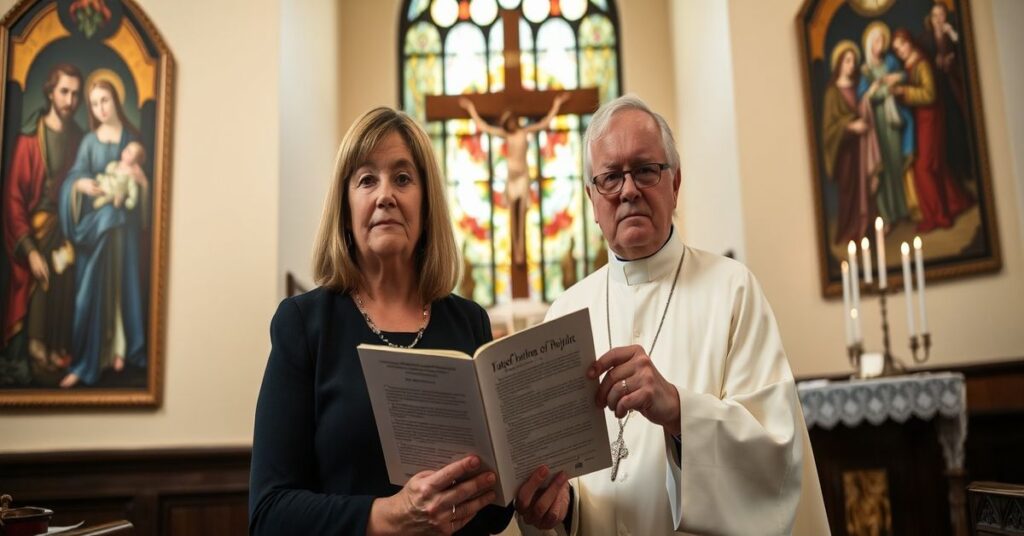 Päivi Räsänen i Juhana Pohjola w tradycyjnym kościele katolickim z krzyżem i biblijnymi naukami o małżeństwie.