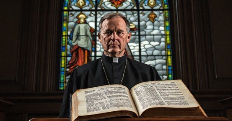 Prezydent Finlandii Alexander Stubb w tradycyjnym katolickim wnętrzu rozmyślający nad fałszywym pokojem i apostazją Zachodu