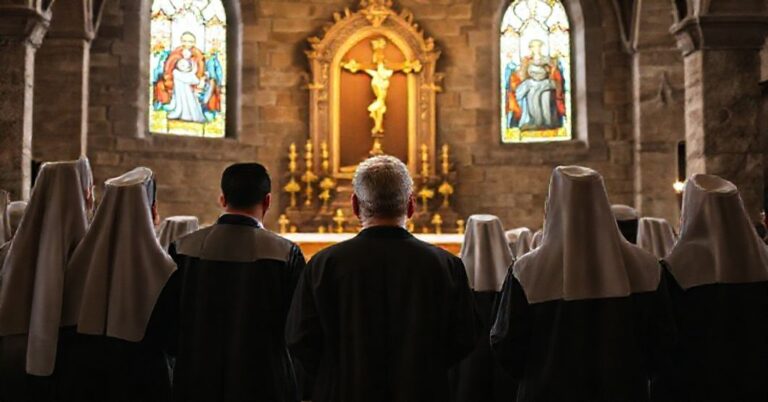 Tradycyjni katoliccy księża w modlitwie przed monstrancją w historycznej kaplicy na wyspie Flores w Indonezji.