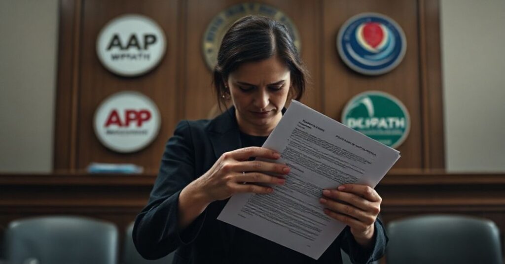 Sądowa scena przedstawiająca proces przeciw organizacjom medycznym za okaleczenie dzieci w imię ideologii gender