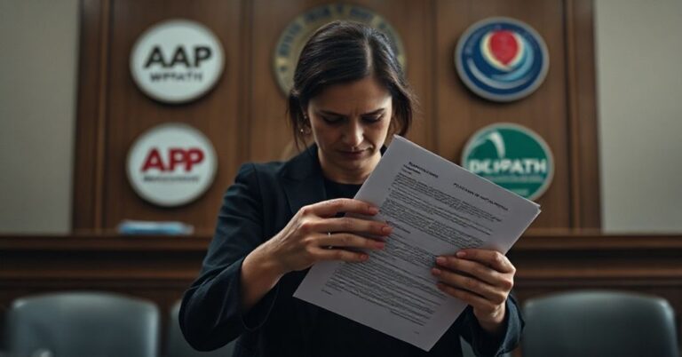 Sądowa scena przedstawiająca proces przeciw organizacjom medycznym za okaleczenie dzieci w imię ideologii gender