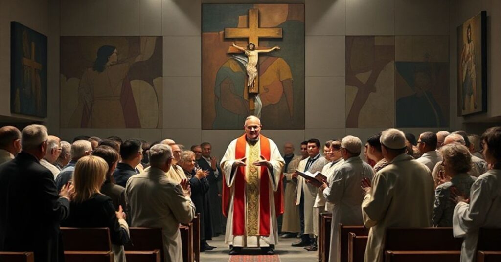 Grupa duchownych i świeckich uczestnicząca w synkretycznym spotkaniu religijnym w nowoczesnym koście