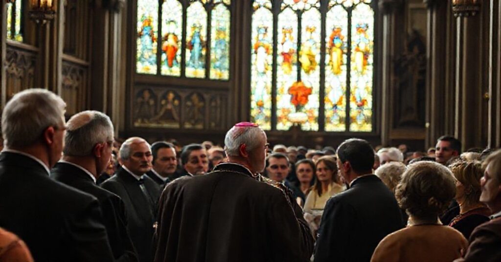 Uroczysta katolicka zebranie w tradycyjnym kościele z witrażami przedstawiającymi Biskupa Grzegorza Suchodolskiego przemawiającym do liderów świeckich i duchownych na Forum MOSTY.