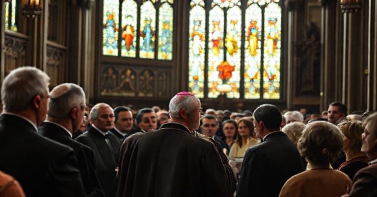 Uroczysta katolicka zebranie w tradycyjnym kościele z witrażami przedstawiającymi Biskupa Grzegorza Suchodolskiego przemawiającym do liderów świeckich i duchownych na Forum MOSTY.