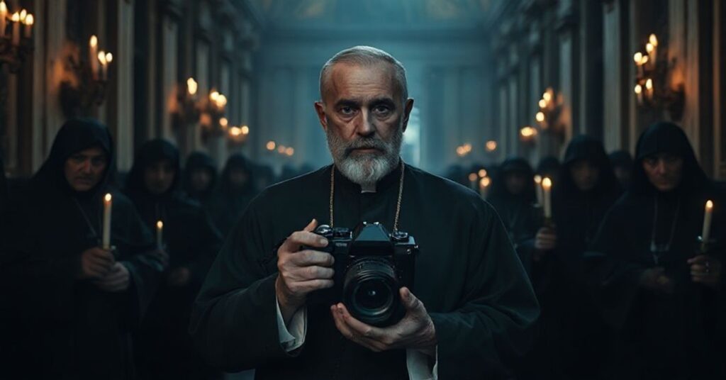 Portret Francesco Sforzy trzymającego aparat fotograficzny w ciemnym, rozpadlinowym wnętrzu Watykanu.