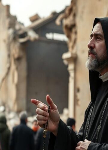 Franciszkanin modli się nad ruinami klasztoru w Bejrucie Franciszkanin w Bejrucie modli się nad ruinami klasztoru św. Józefa w Gemmayzeh podczas wojny