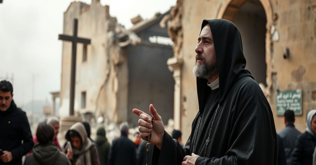Franciszkanin w Bejrucie modli się nad ruinami klasztoru św. Józefa w Gemmayzeh podczas wojny