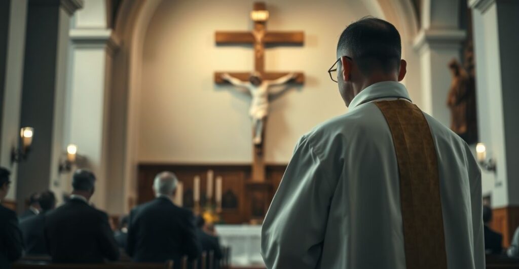 Ksiądz w tradycyjnych szatach modli się przed krucyfiksem w kościele, ukazując głęboką pobożność i szacunek, odzwierciedlając katolicką wierność i duchową powagę.