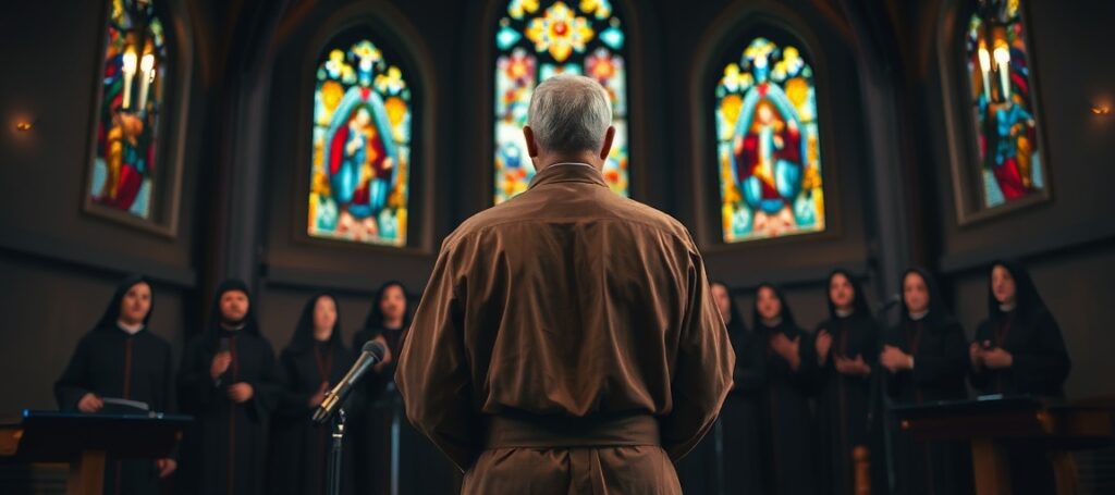 O. Arkadiusz Góra OFMConv i franciszkański zespół podczas medialnego wydarzenia 'mniejsze granie' w Centrum św. Maksymiliana w Harmężach – krytyka neokościoła za religijną rozrywkę zamiast zbawienia