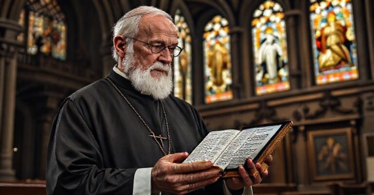 Stary ksiądz w sutannie trzyma stary łaciński egzemplarz Biblii przed gotyckim kościołem we Francji