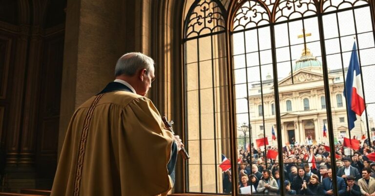 Ksiądz w tradycyjnych szatach liturgicznych stoi w historycznym francuskim katedrze, trzymając krzyż przed chaosem politycznym za oknem.