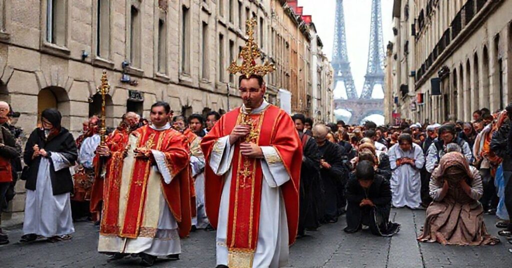 Pielgrzymka katolicka w Lyonie z monstrancją i modlącymi się wiernymi na tle architektury francuskiej