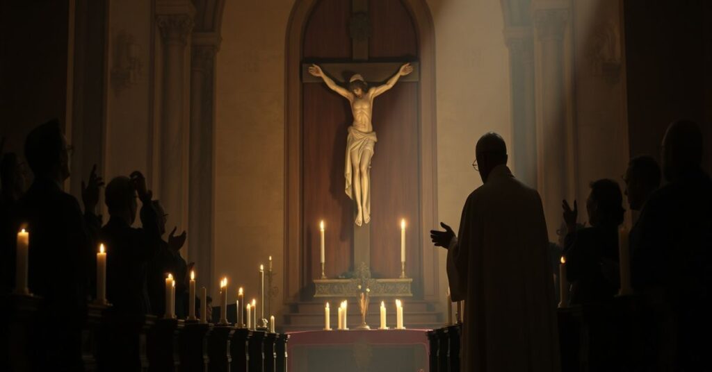 Oświetlona przez świece kaplica z księdzem modlącym się przed krzyżem na tle debatujących polityków