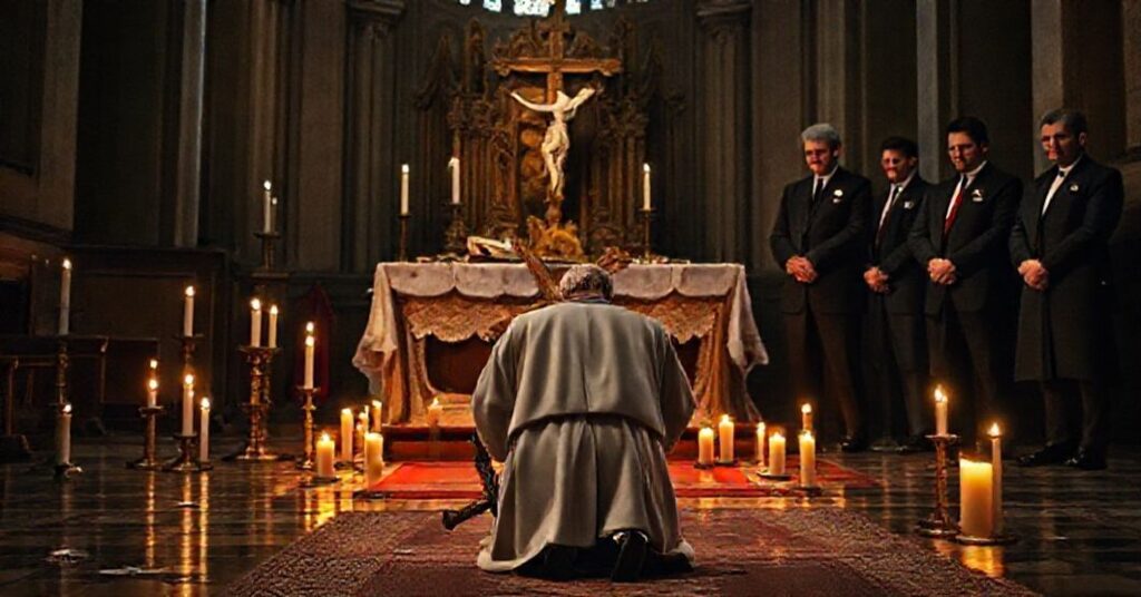 Katolicki książ w tradycyjnych szatach liturgicznych modli się przed splłaszczonym ołtarzem w kościole po profanacji. W tle stoją francuscy senatorowie w nowoczesnych gwardiach.