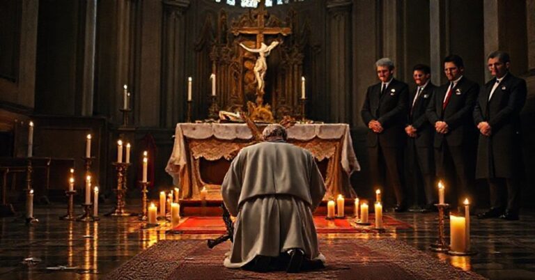 Katolicki książ w tradycyjnych szatach liturgicznych modli się przed splłaszczonym ołtarzem w kościole po profanacji. W tle stoją francuscy senatorowie w nowoczesnych gwardiach.