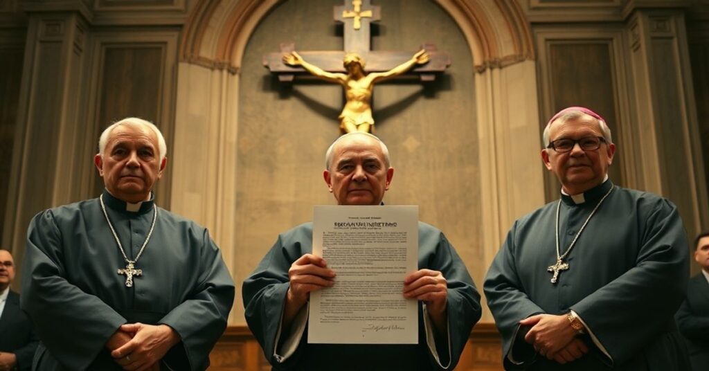 Francuscy "biskupi" w tradycyjnych szatach liturgicznych stoją przed francuską izbą senacką, trzymając dokument potąpiający ustawę o eutanazji. Na tle widnieje duży krzyż symbolizujący boski autorytet.