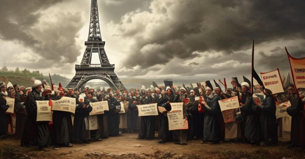 Procesja rolników francuskih przed Wieżą Eiffla z transparentami o tematyce katolickiej