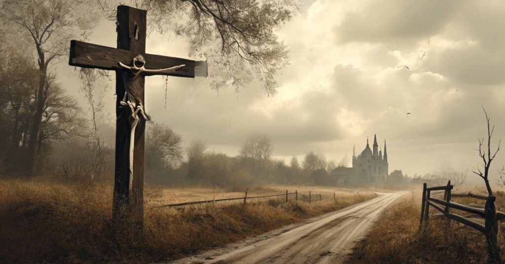 Zniszczone drewniane krzyże przy drodze we Francji symbolizujące utratę wiary i królewstwa Chrystusowego