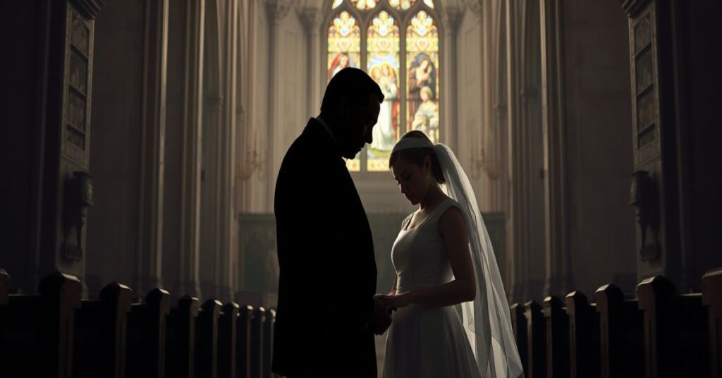 Parafia katolicka w Paryżu z tradycyjnej parą małżeńską modlącą się w kościele