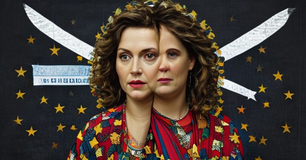 Francuska rzeczniczka Maud Bregeon przed gmachami Unii Europejskiej w Brukseli, symbolizując globalistyczną degenerację.