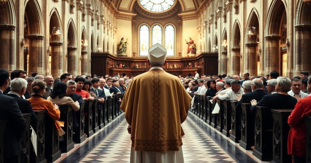 Tradycyjny biskup w liturgicznych szatach stoi w historycznym kościele francuskim przed podzielonym zgromadzeniem - po jednej stronie młodzi neofici przy tradycyjnym Mszy Trydenckiej, po drugiej modernistyczni księża podczas Novus Ordo