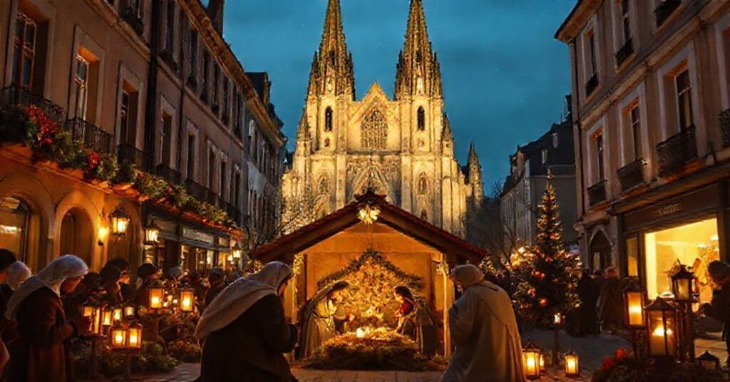 Uroczy sceny bożonarodzeniowej na francuskim placu miejskim z tradycyjną szopką i modlącymi się rodzinami.