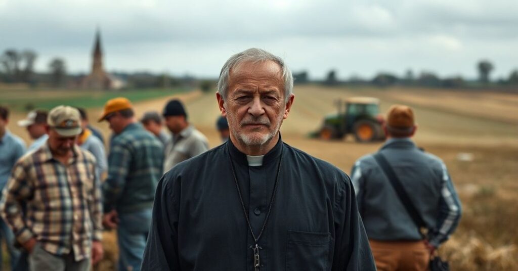 Francuski "biskup" Marc Aillet w otoczeniu protestujących rolników w typowym krajobrazie wiejskim