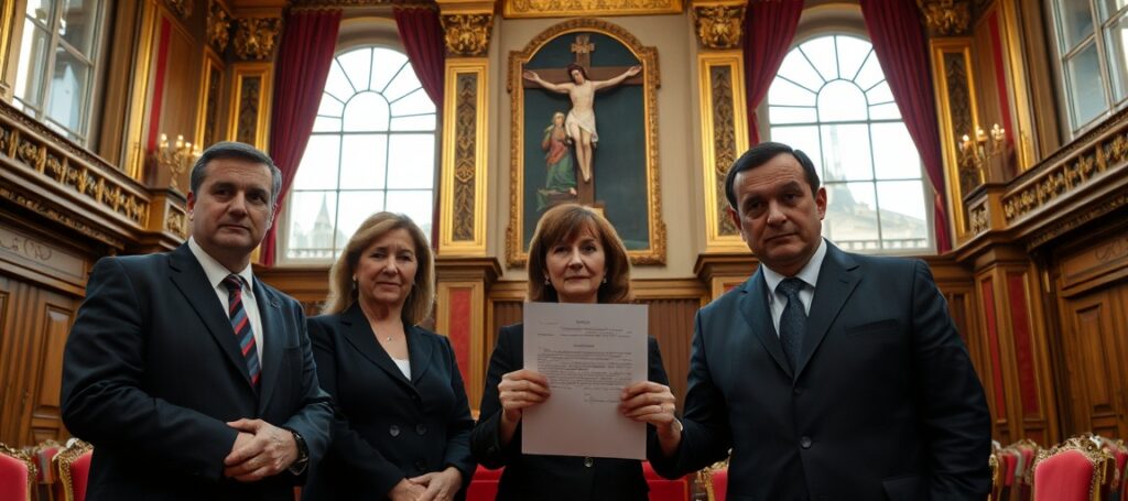 Francuscy senatorowie Mouiller, Bonfanti-Dossat i Milon w sali Senatu Francji z listem do premiera Bayrou w sprawie eutanazji – symboliczny protest przeciwko legalizacji zabijania niewinnych