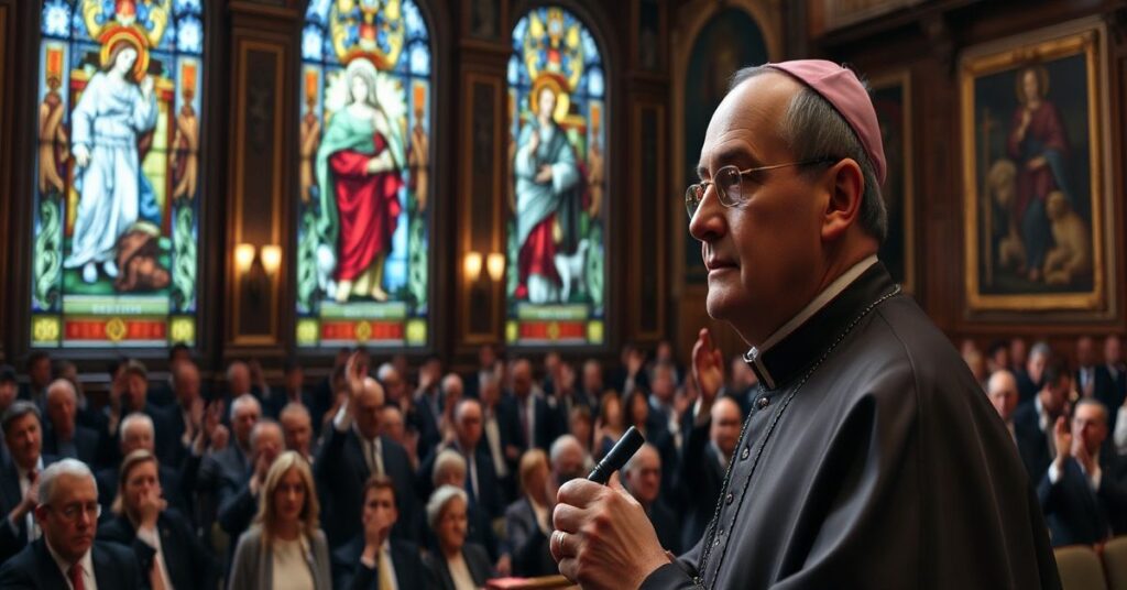 Wizerunek Senatorów francuskich głosujących przeciwko eutanazji w atmosferze uwagi i pokuty, z biskupem w tradycyjnych szatach w pierwszym planie.