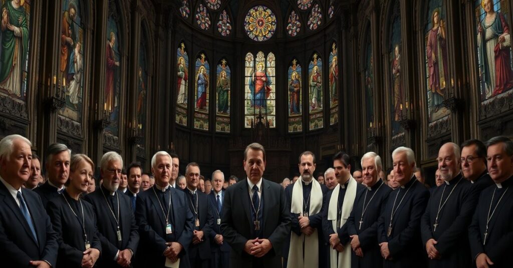 Francuscy senatorowie i modernistyczni "biskupi" w katedrze, symbolizujący moralny kryzys i apostazję Kościoła posoborowego