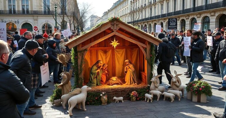 Scena katolicka przedstawiająca spór o żłobek w przestrzeni publicznej we Francji